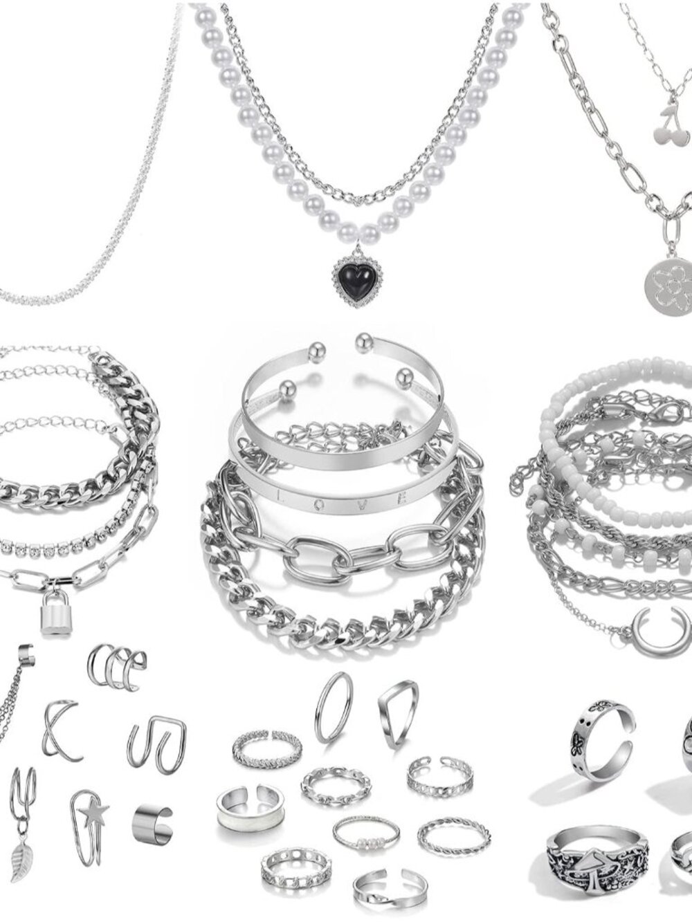 36 Pcs Silver Plated Jewelry Set With 3 Pcs Necklace, 12 Pcs Bracelet, 7 Pcs Ear